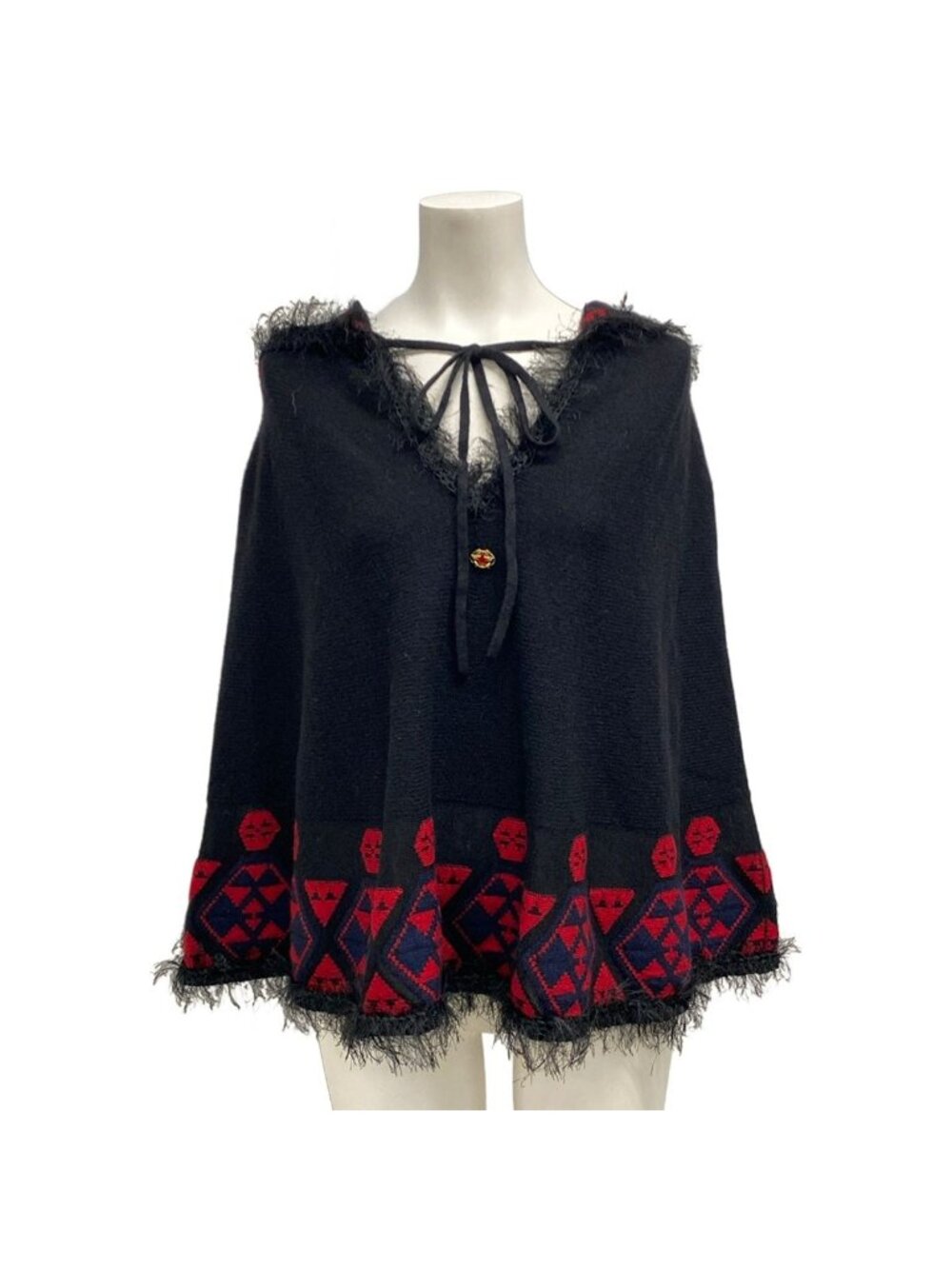 Chanel Poncho S Black Red Dark Navy Cashmere 36